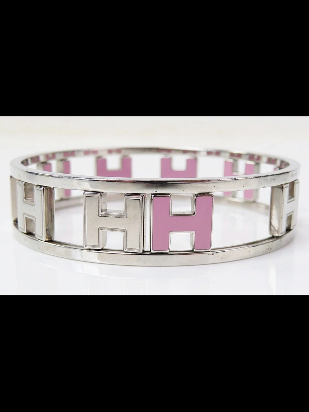 Hermes Silver-tone H Logo Bracelet with Pink Enamel Accents